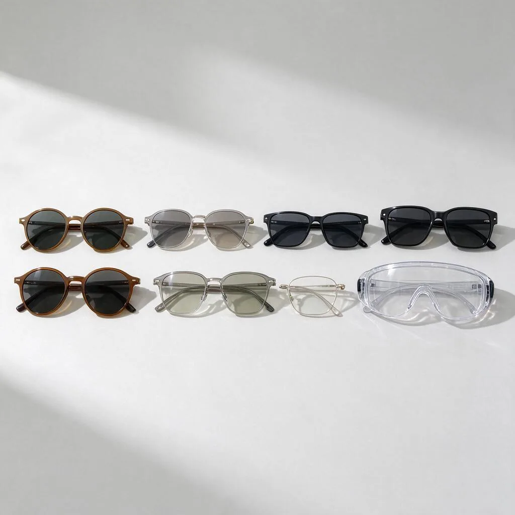 Illustration of sample eyewear arranged in a row on a plain surface