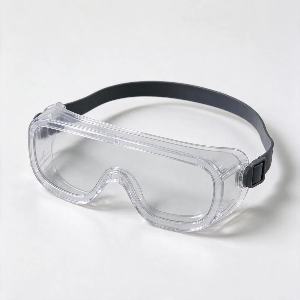 Illustration of clear safety goggles on a plain background