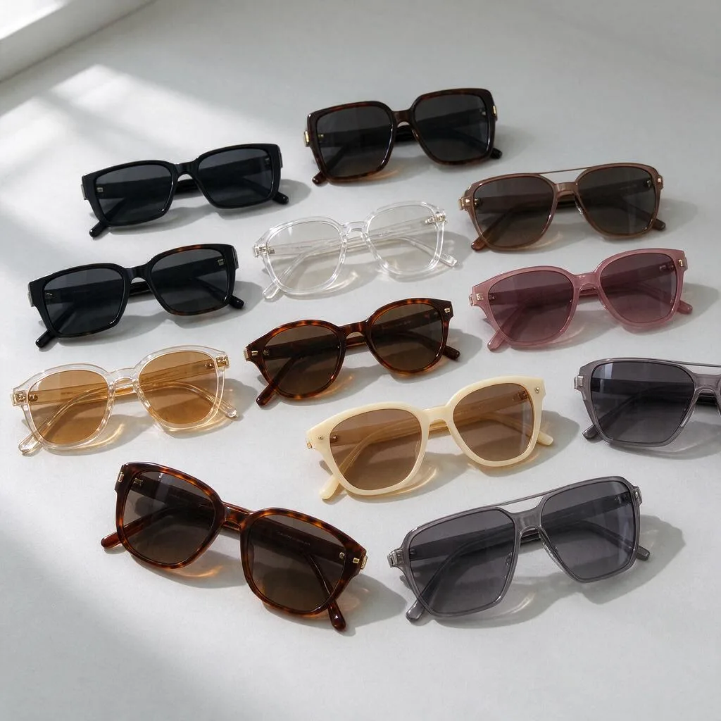Illustration of an assortment of fashion sunglasses on a plain surface