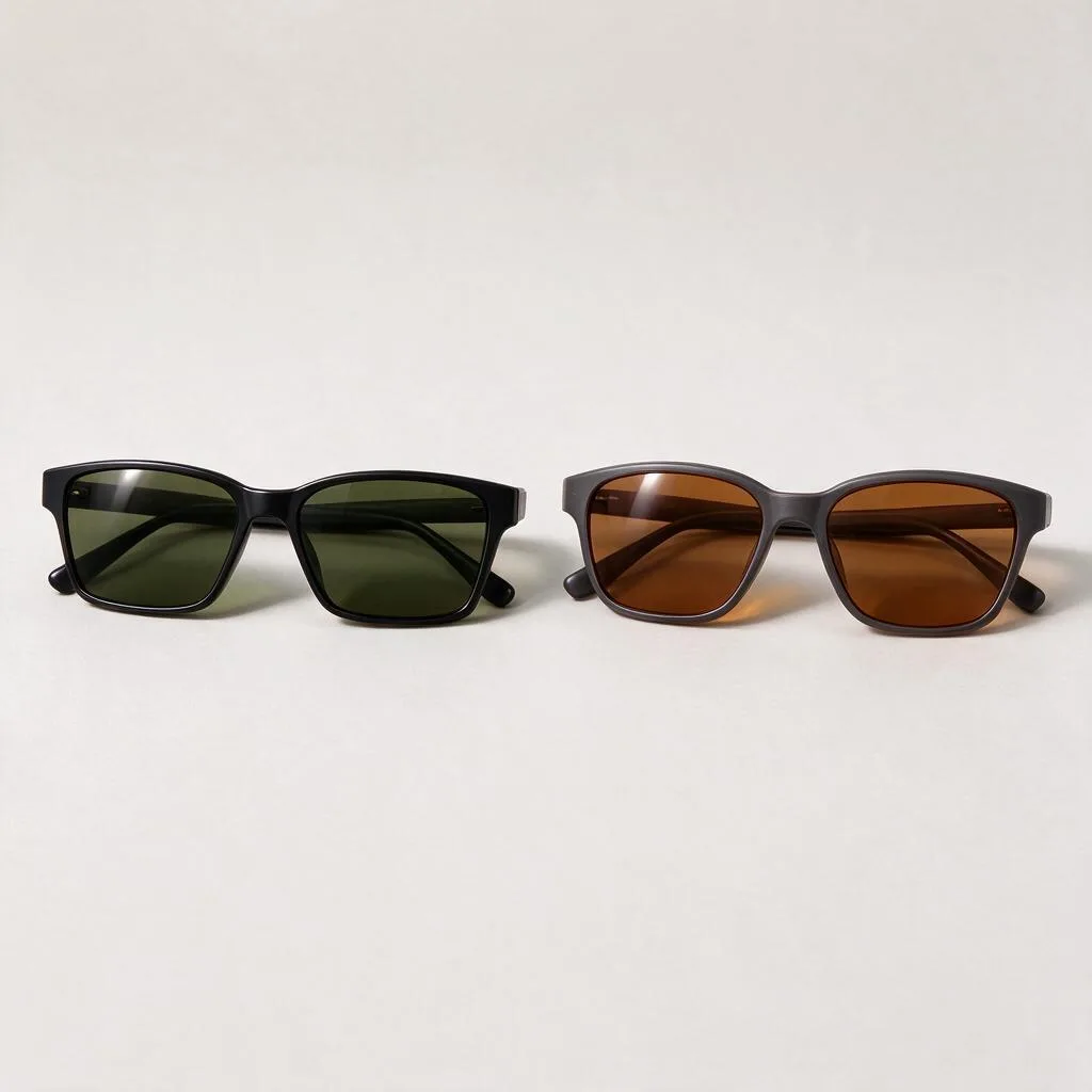 Illustration of two tinted sunglasses side by side on a plain background